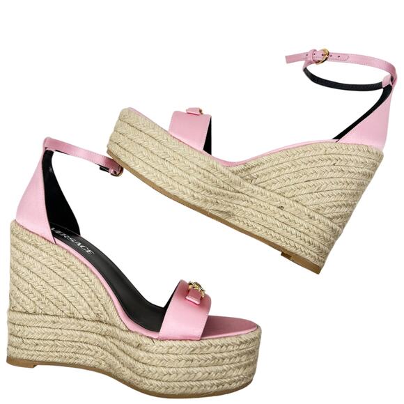New Versace 95 Medusa Satin Espadrille Wedge Sandals Pink Size 40 - Picture 7 of 10